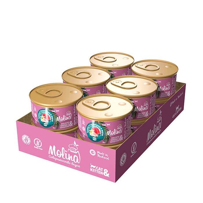 Молина влажный корм для кошек с тунцом и скумбрией в желе, 70г, MOLINA